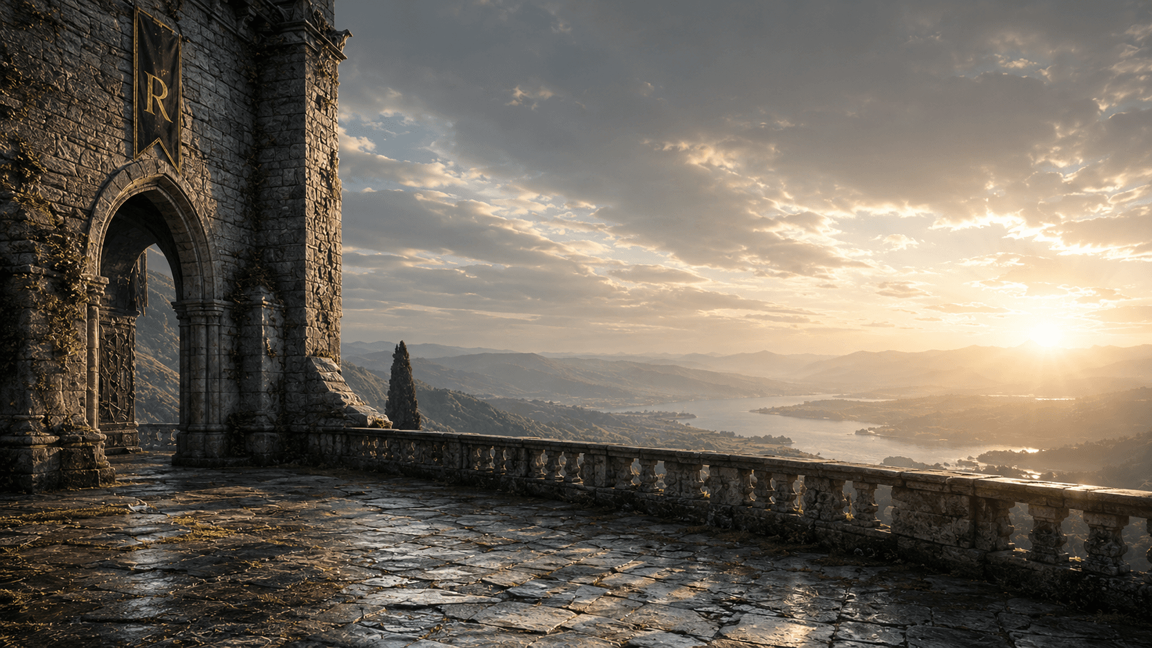 A cliff-top stone terrace with a Roar Bliss banner, overlooking a river valley at golden hour