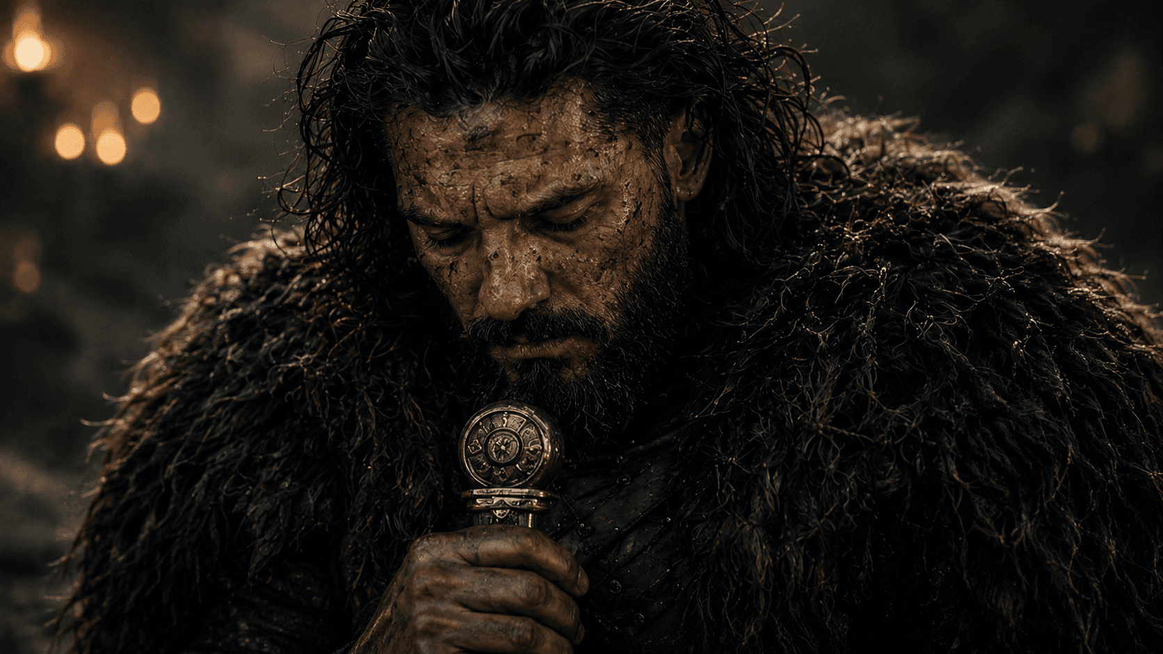 A warrior, head bowed in the firelight, holding the hilt of his sword